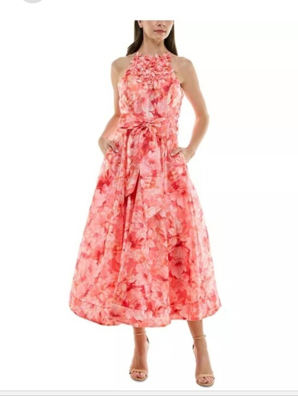 Just Taylor NWT Size 14 Pink Floral Halter Maxi Dress Rosette Belted MSRP $198